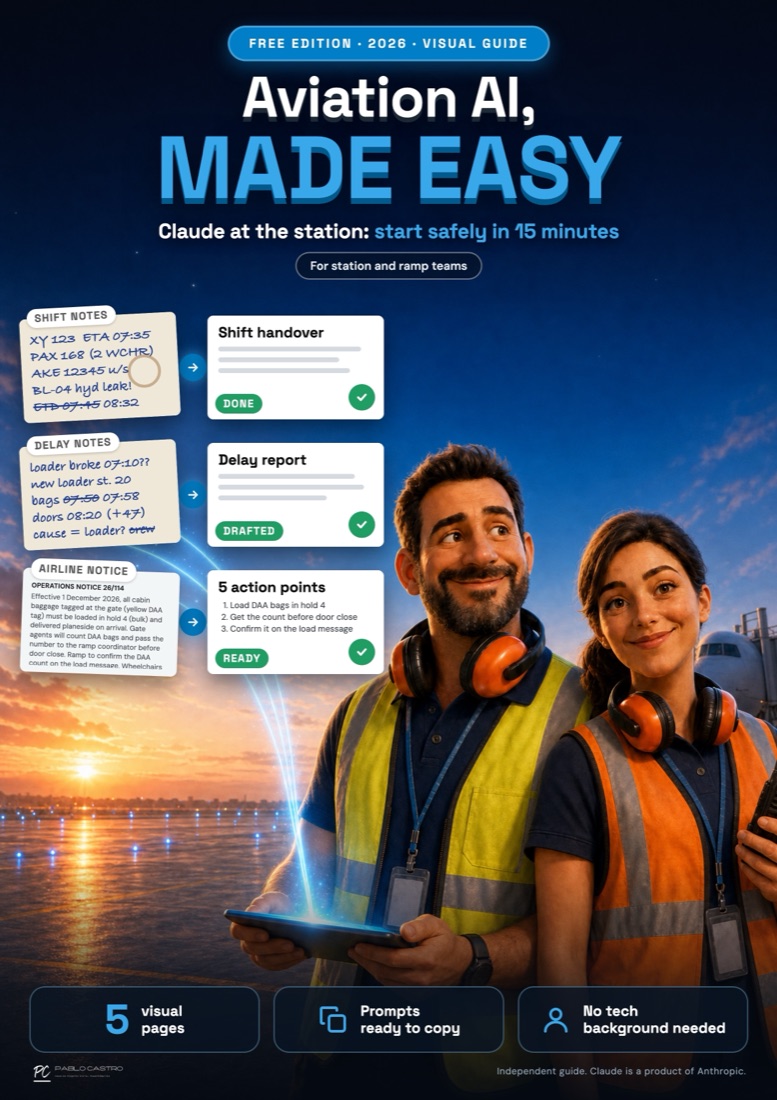Cover of the guide: Marco and Sofia on the apron, with shift notes turned into a handover, delay notes into a delay report, and an airline notice into action points